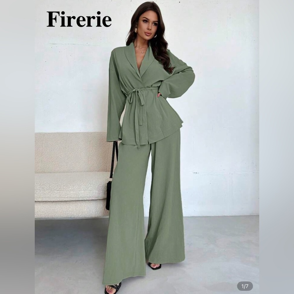 Firerie Lapel Tie-Waist Loose Shaket and High Waisted Relaxed Pants
